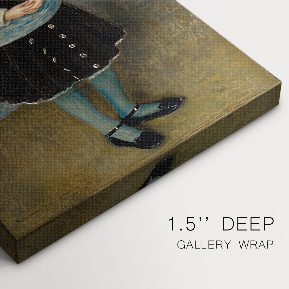 Close-up of a gallery-wrapped canvas corner showing a soft portrait with minimal background and natural light, highlighting texture and print detail.