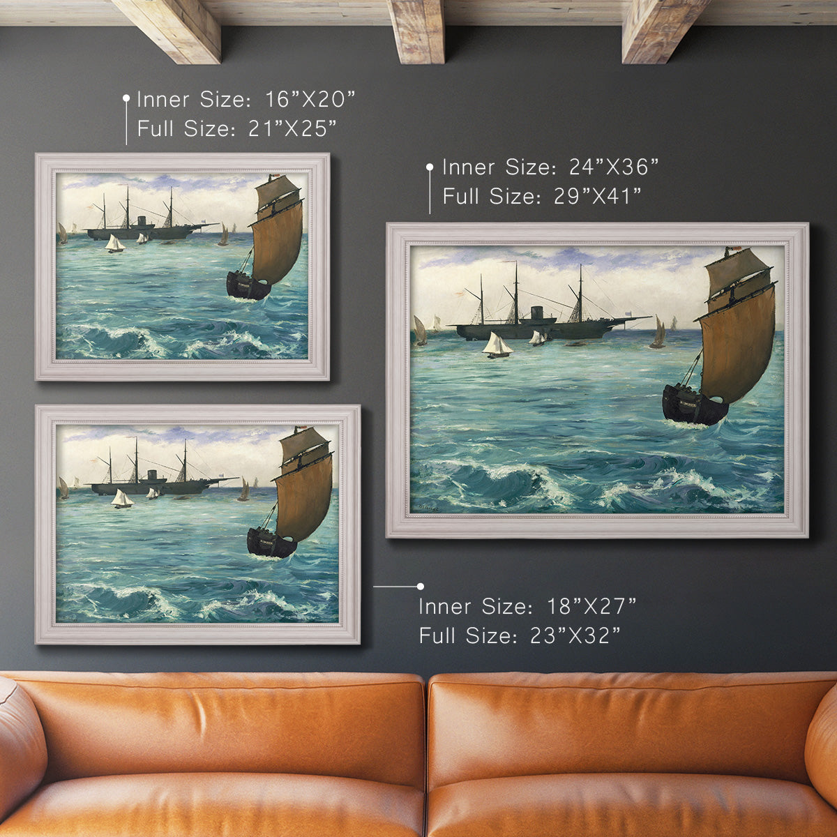 Impressionist naval seascape with the Kearsarge by Édouard Manet in an ornate weathered white frame shown in multiple size options.