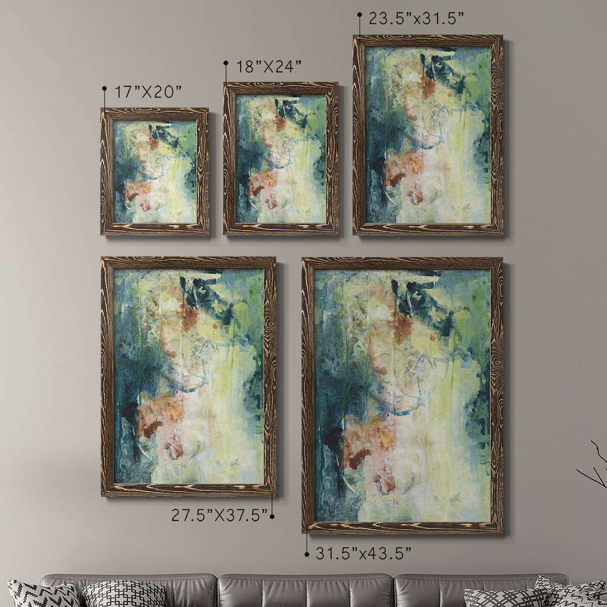 Size comparison chart for a set of two walnut barnwood framed canvas prints.