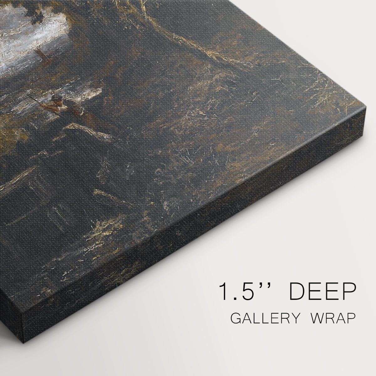 Close-up of a gallery-wrapped canvas corner showing a balanced landscape with rustic elements, highlighting texture and print detail.