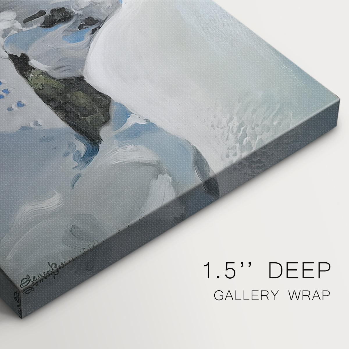 Close-up of a gallery-wrapped canvas corner showing a serene winter landscape showing animal footprints across soft snow, highlighting texture and print detail.