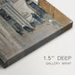 Close-up of a gallery-wrapped canvas corner showing a quiet architectural scene with muted tones, highlighting texture and print detail.