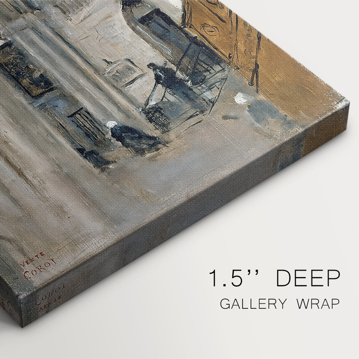 Close-up of a gallery-wrapped canvas corner showing a quiet architectural scene with muted tones, highlighting texture and print detail.