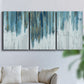 Three-panel canvas wall art featuring wide pastoral valley landscape, displayed in a living room above a sofa.