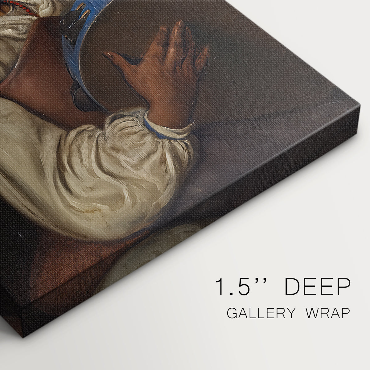 Close-up of a gallery-wrapped canvas corner showing a classic image with balanced color, highlighting texture and print detail.