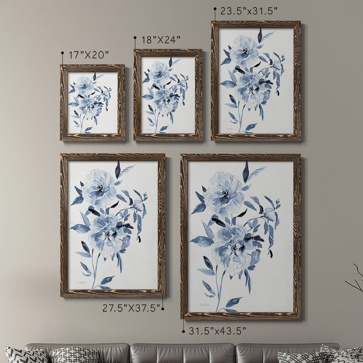 Size comparison chart for a set of two walnut barnwood framed canvas prints.