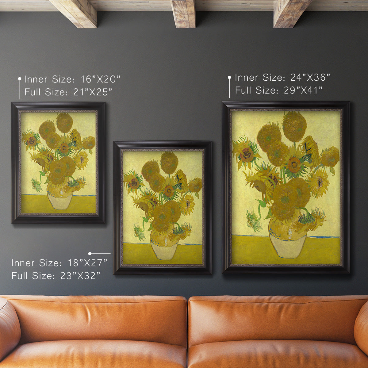Impressionist sunflower still life painting by Vincent van Gogh in an ornate black frame with gilded inner detail shown in multiple vertical size options.