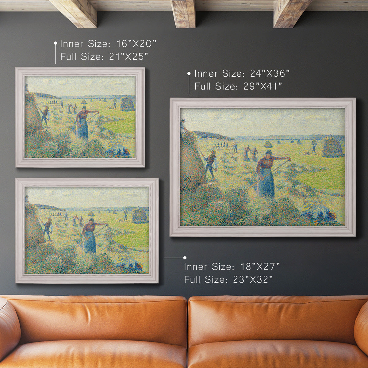 Impressionist rural hay harvest landscape by Camille Pissarro in an ornate weathered white frame shown in multiple size options.
