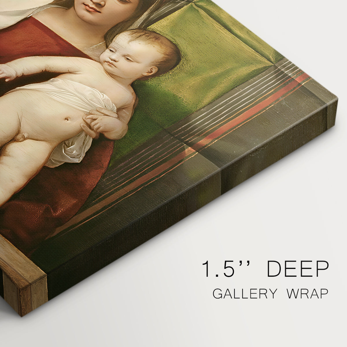 Canvas art print of Madonna seated outdoors holding child beside dark tree and open sky, highlighting texture and gallery-wrapped edges