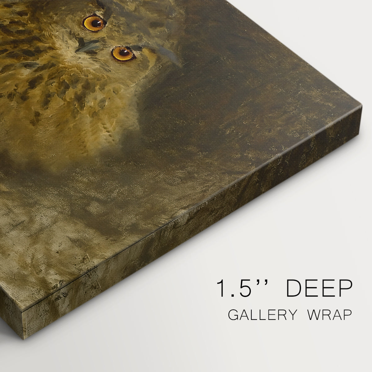 Canvas art print of a large owl perched on branch in shadowy natural forest setting, highlighting texture and gallery-wrapped edges