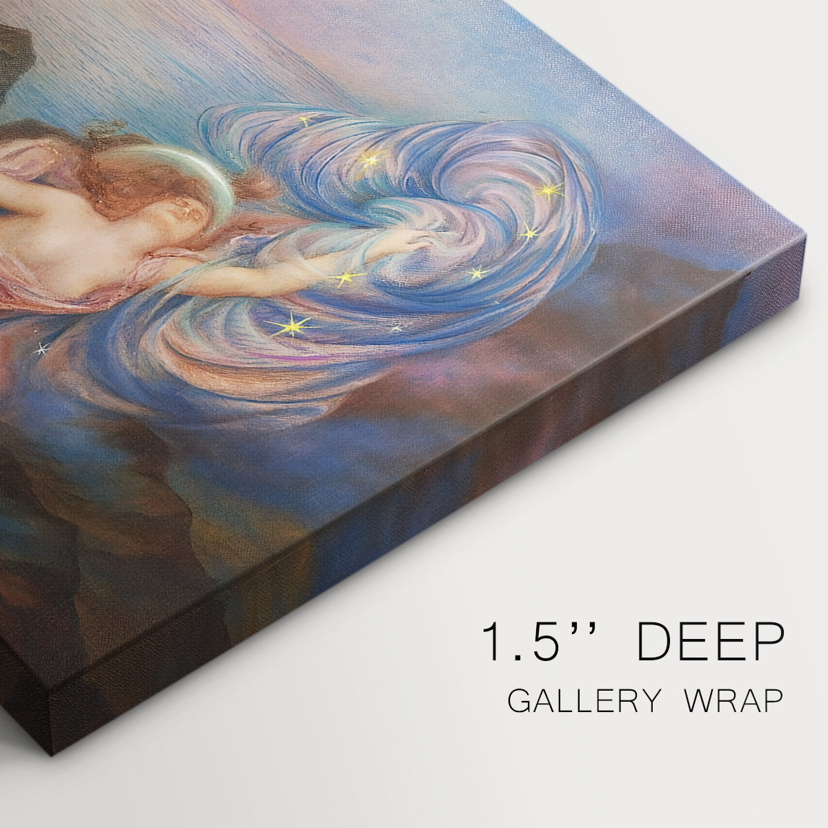 Canvas art print of a reclining female figure beneath glowing sky at twilight with soft colors, highlighting texture and gallery-wrapped edges