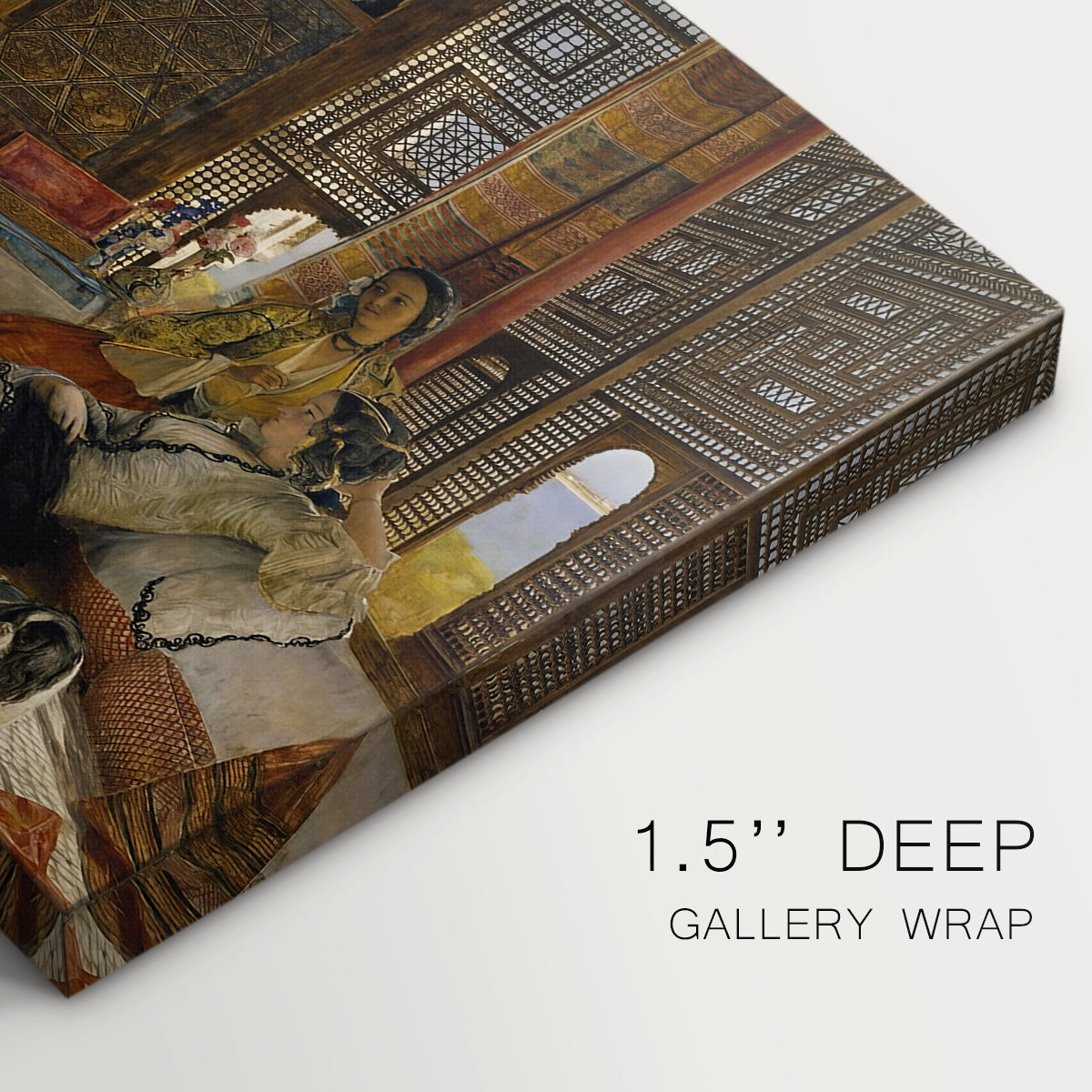 Canvas art print of an interior scene with seated figures in richly decorated room, highlighting texture and gallery-wrapped edges