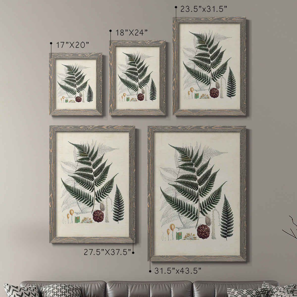 Size comparison chart for a set of two gray barnwood framed canvas prints.