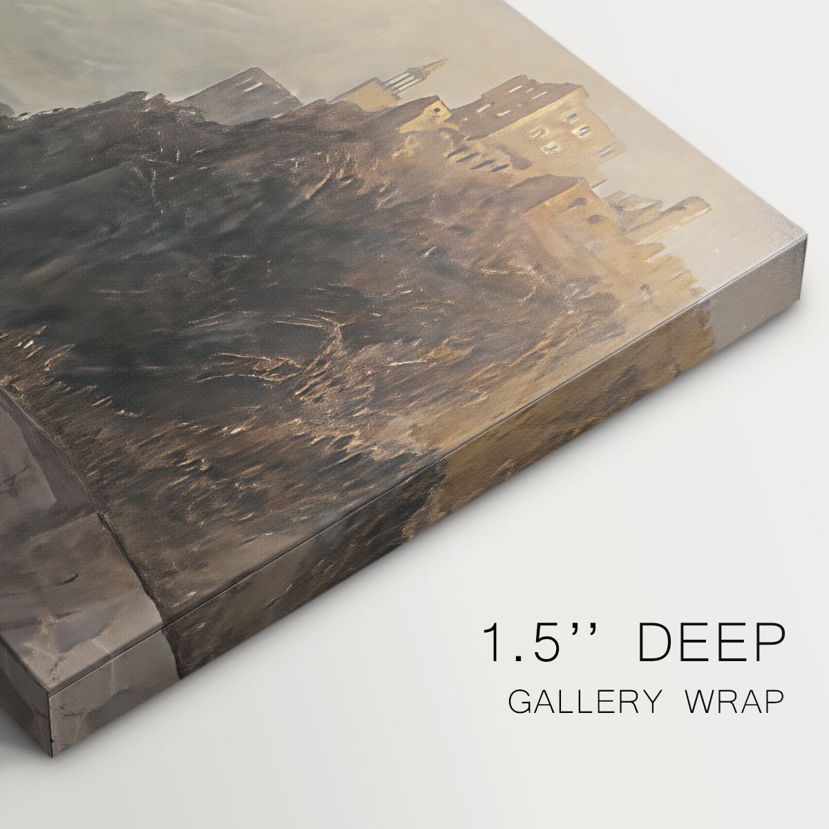Canvas art print of a river landscape with castles along steep terrain, highlighting texture and gallery-wrapped edges