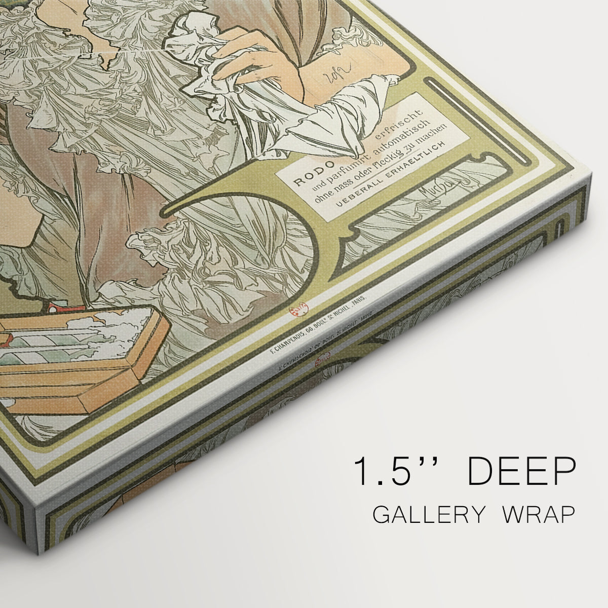 Close-up of a gallery-wrapped canvas corner showing a decorative print combining portrait and product branding elements, highlighting texture and print detail.