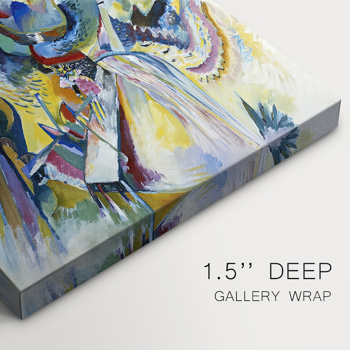 Close-up of a gallery-wrapped canvas corner showing an expressive scene with angular forms and vivid tones, highlighting texture and print detail.