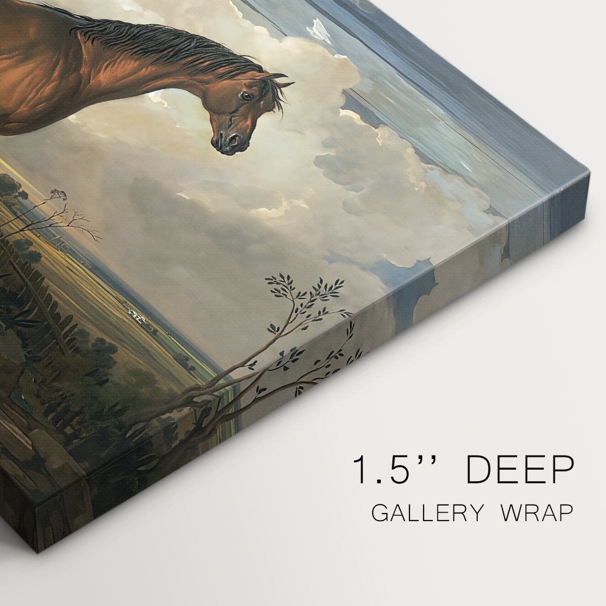 Canvas art print of a horse standing prominently in open landscape with strong posture, highlighting texture and gallery-wrapped edges