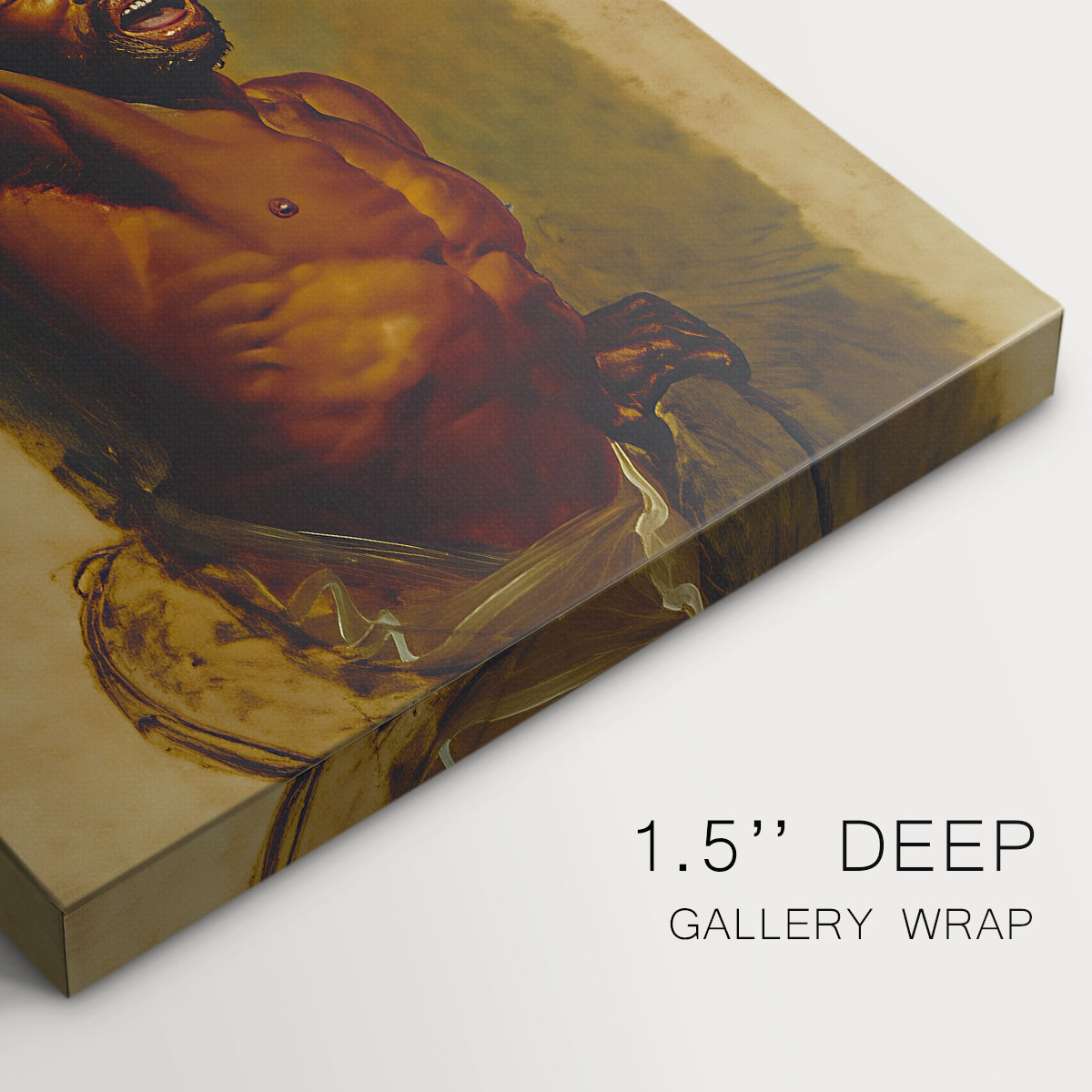 Canvas art print of a man grappling with large snake in dramatic physical struggle, highlighting texture and gallery-wrapped edges