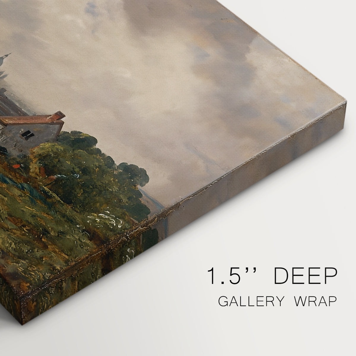 Canvas art print of a small cottage among trees in rural setting, highlighting texture and gallery-wrapped edges