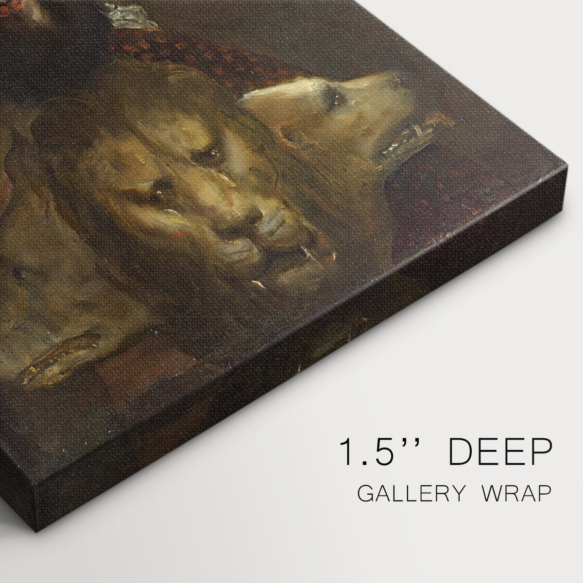 Close-up of a gallery-wrapped canvas corner showing a refined scene with strong contrast and meaning, highlighting texture and print detail.