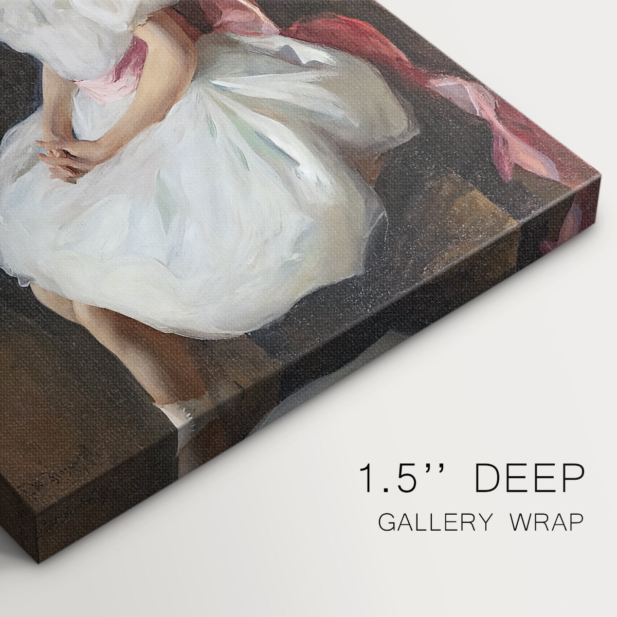 Close-up of a gallery-wrapped canvas corner showing a composed image with soft highlights, highlighting texture and print detail.
