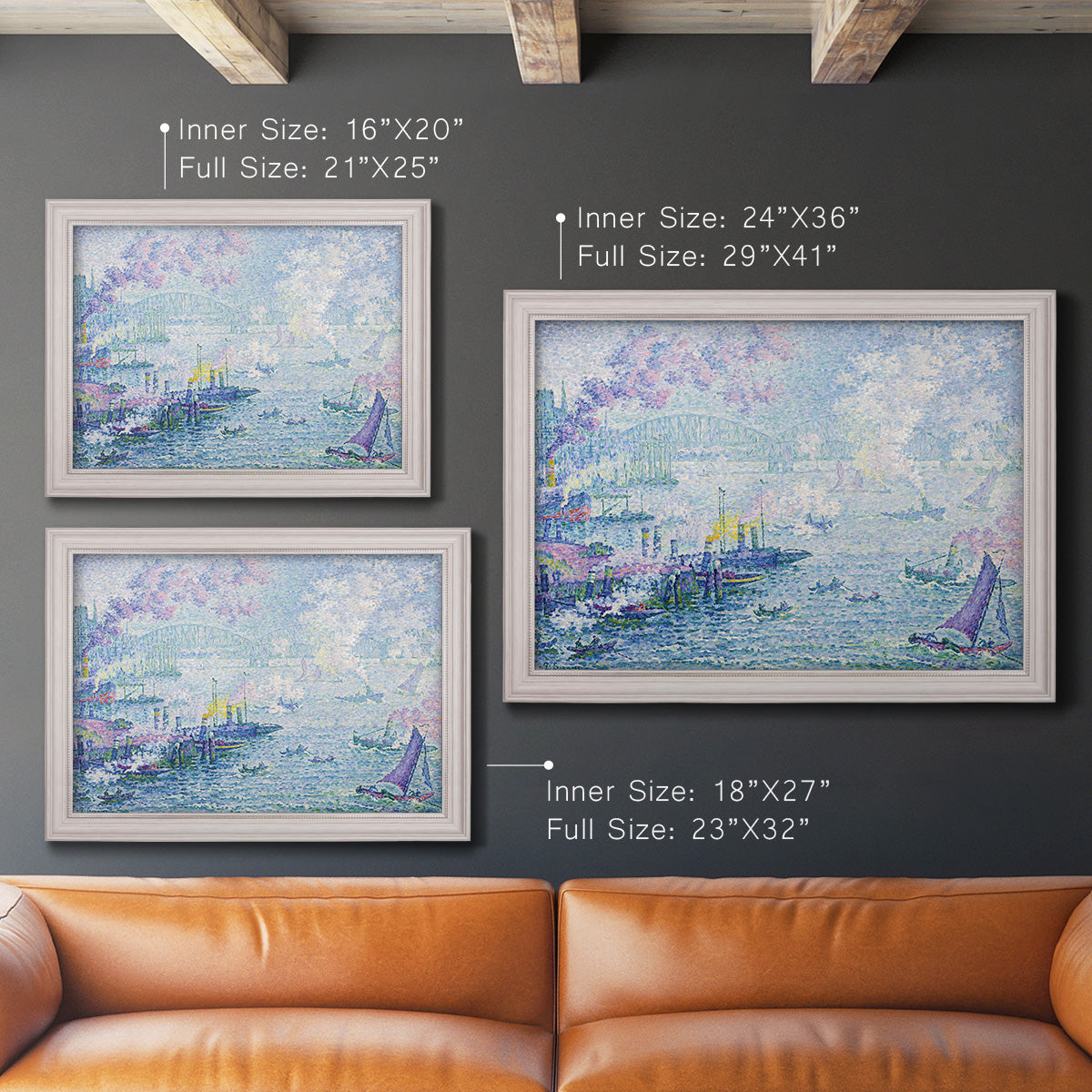 Impressionist industrial harbor scene by Paul Signac in an ornate weathered white frame shown in multiple size options.