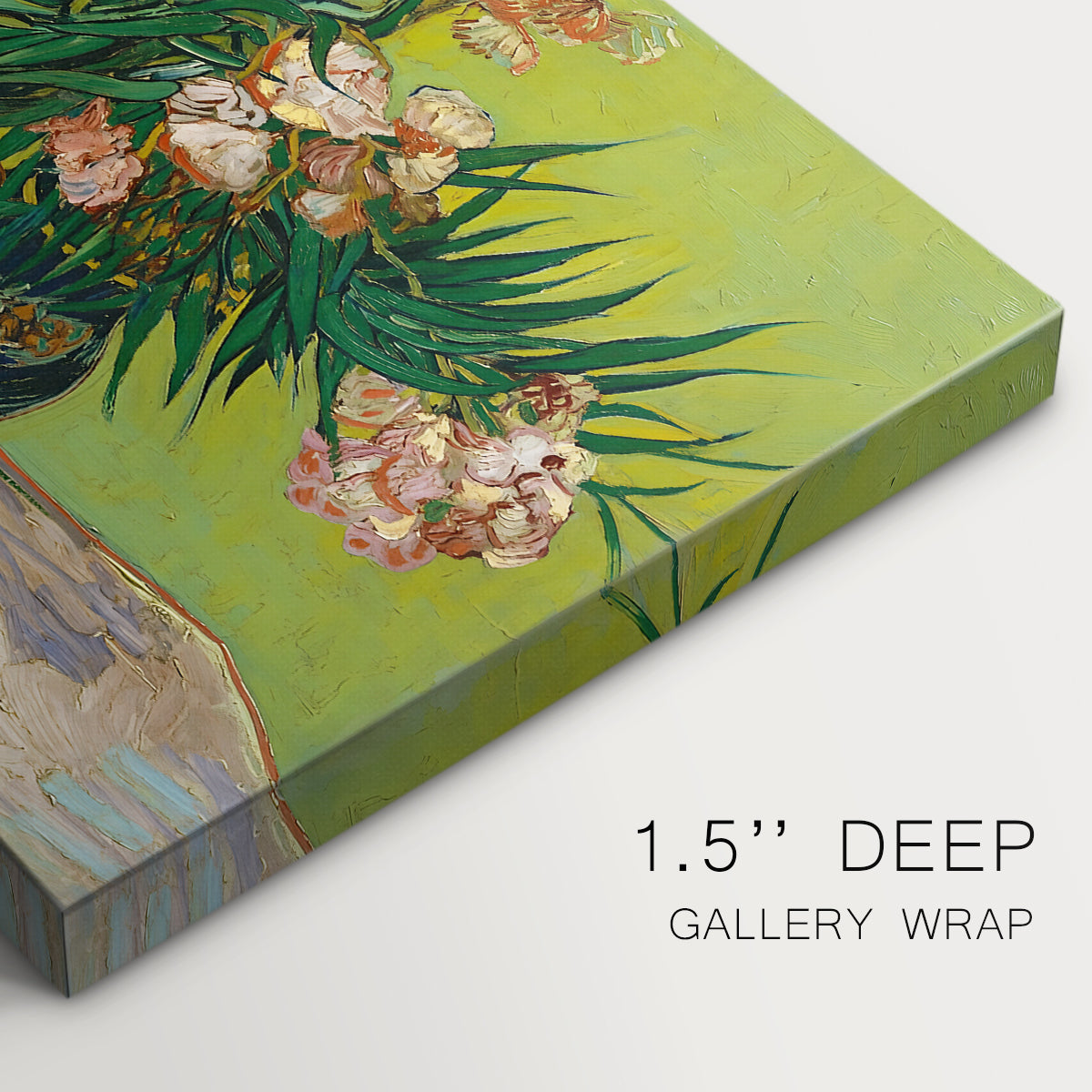 Canvas art print of a still life with vase of oleanders placed beside stacked books, highlighting texture and gallery-wrapped edges