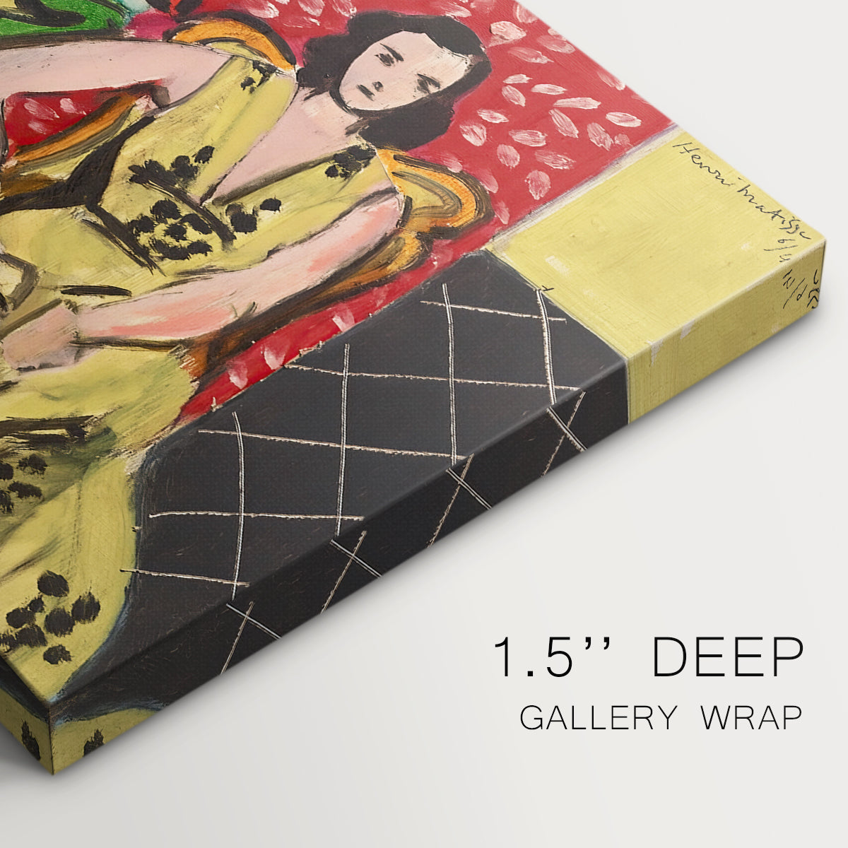 Canvas art print of a seated woman beside a vase of amaryllis in a richly patterned interior, highlighting texture and gallery-wrapped edges