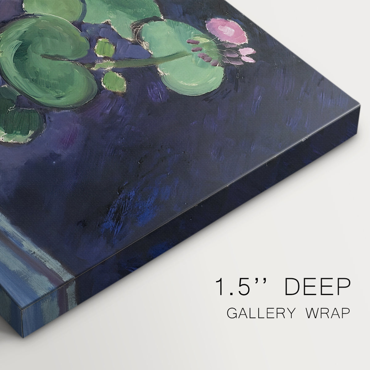 Canvas art print of a potted geranium with green leaves and blossoms against a dark background, highlighting texture and gallery-wrapped edges
