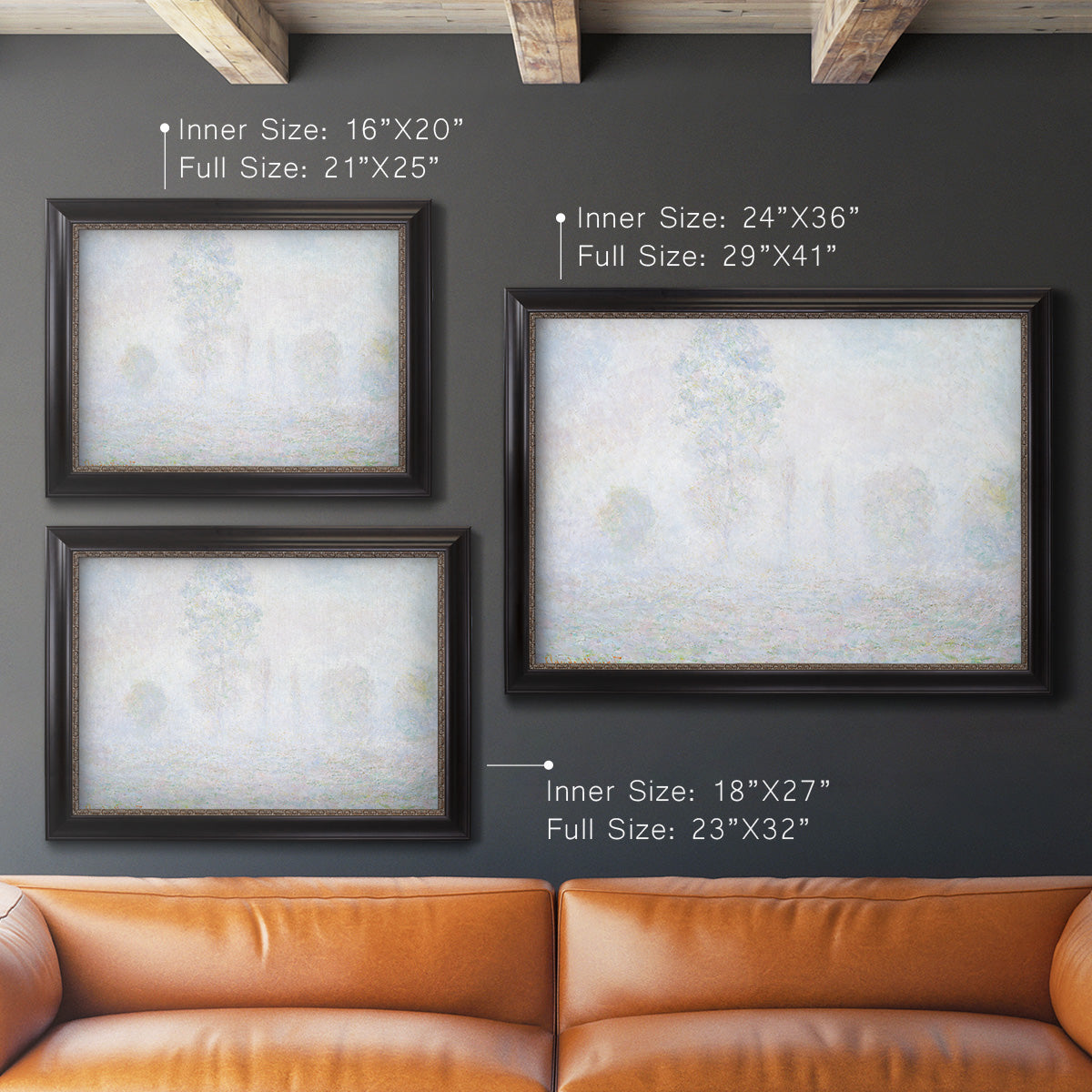 Impressionist atmospheric landscape in morning haze by Claude Monet in an ornate black frame with gilded inner detail shown in multiple size options.