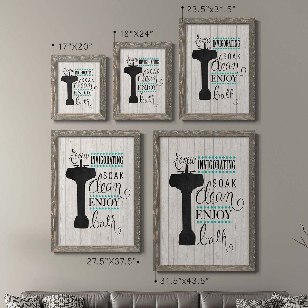Size comparison chart for a set of two gray barnwood framed canvas prints.