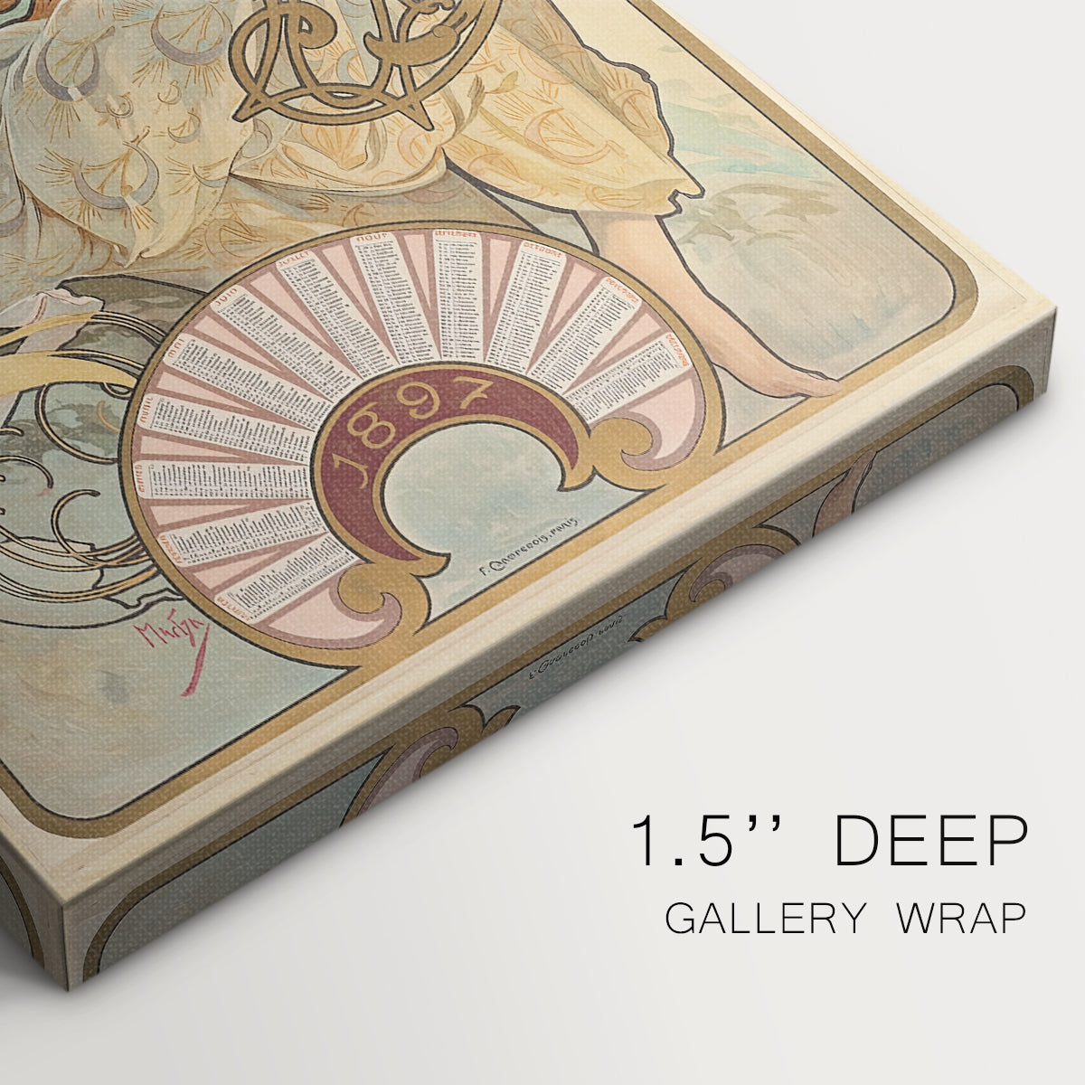 Close-up of a gallery-wrapped canvas corner showing a classic print combining portrait and product promotion, highlighting texture and print detail.