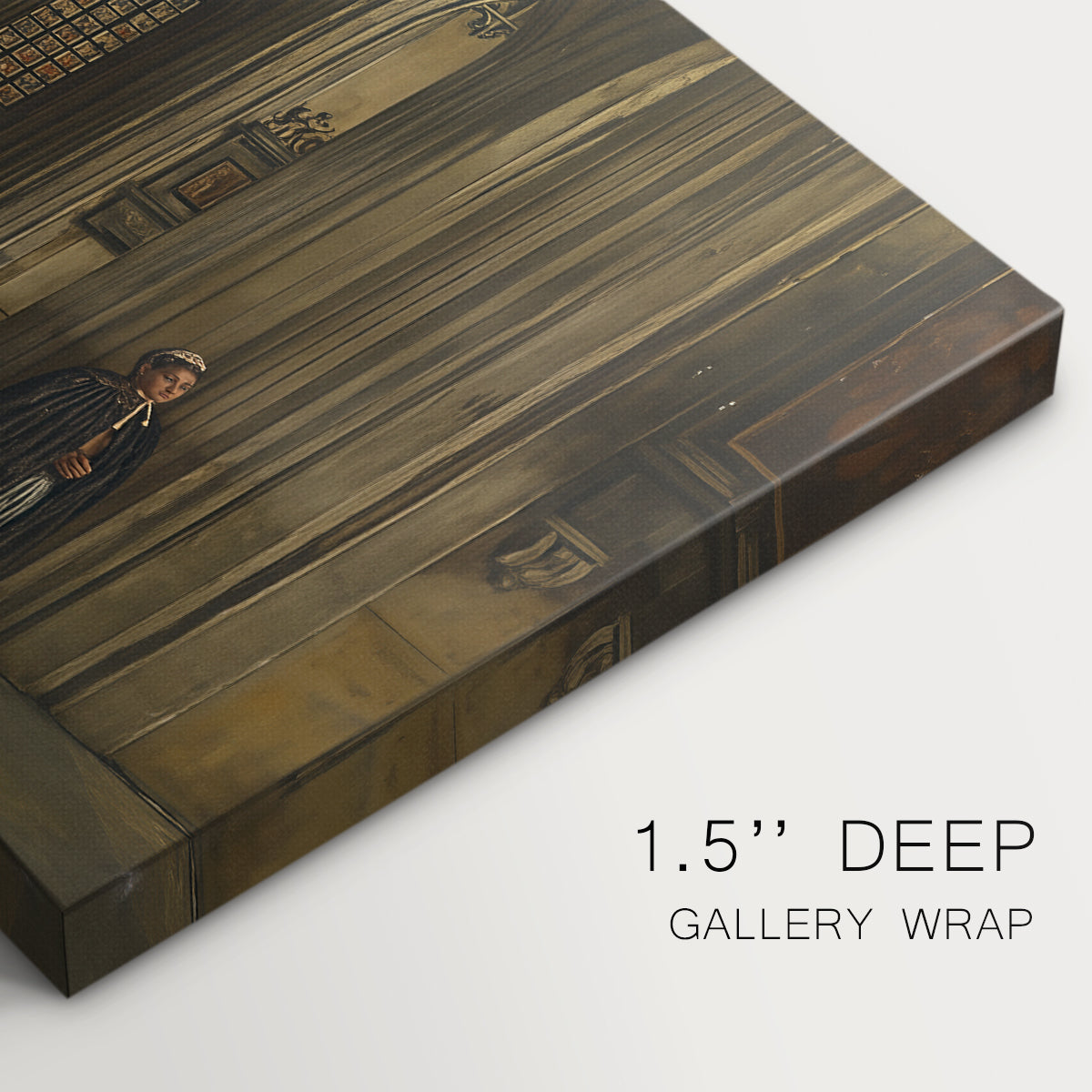 Canvas art print of a quiet church interior with columns, arches, and soft light, highlighting texture and gallery-wrapped edges