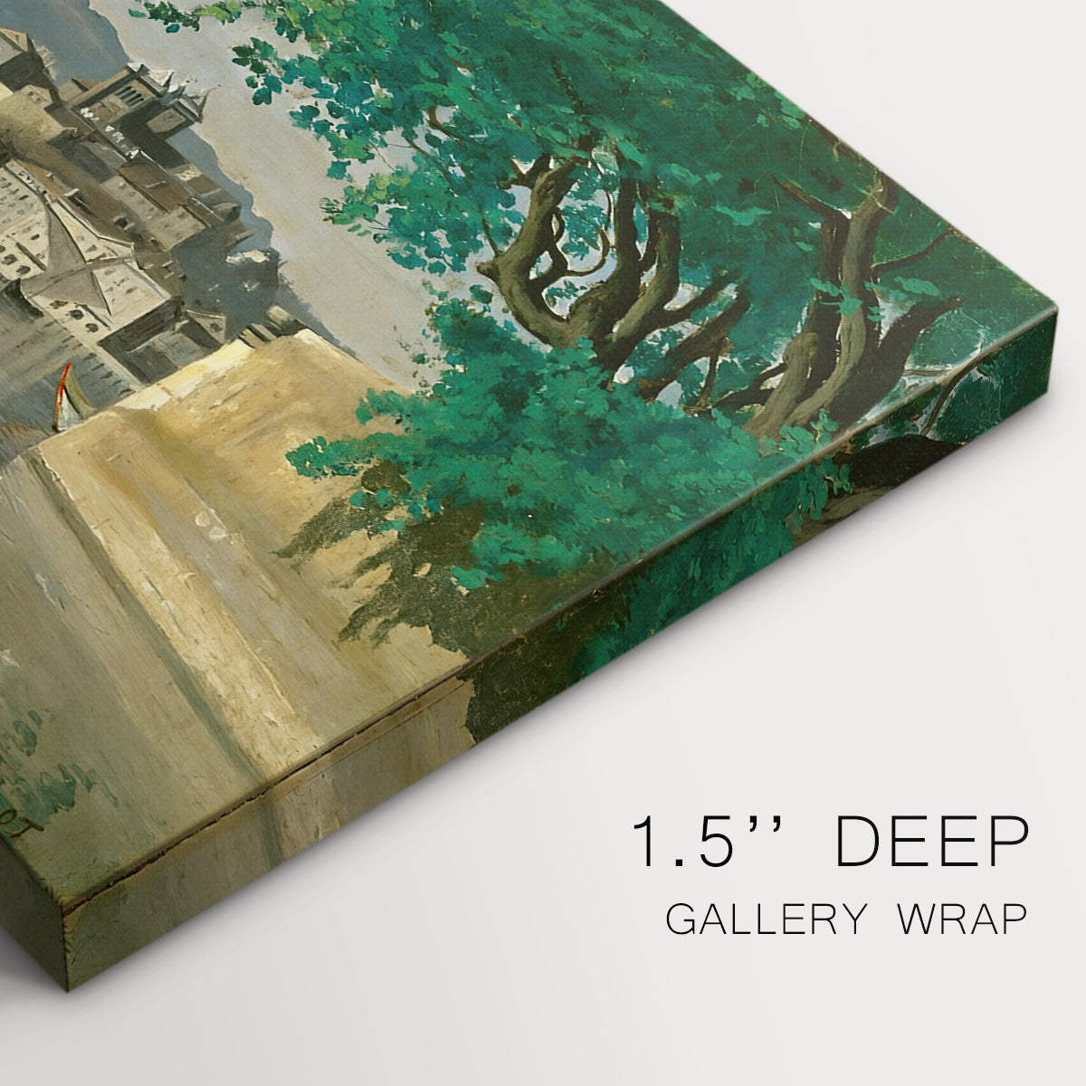 Canvas art print of a waterfront city view with buildings and boats along calm water, highlighting texture and gallery-wrapped edges