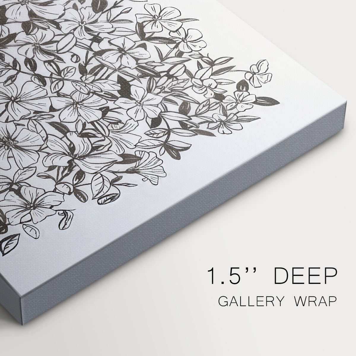 Floral pattern featuring intricate black and white illustrations of various flowers and foliage in a dense arrangement