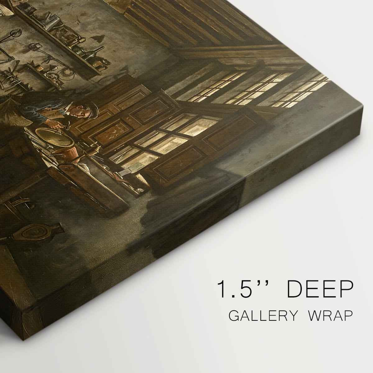 Canvas art print of a man working at table inside rustic interior filled with tools and objects, highlighting texture and gallery-wrapped edges