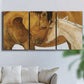 Three-panel canvas wall art featuring gentle horse portrait illustration, displayed in a living room above a sofa.