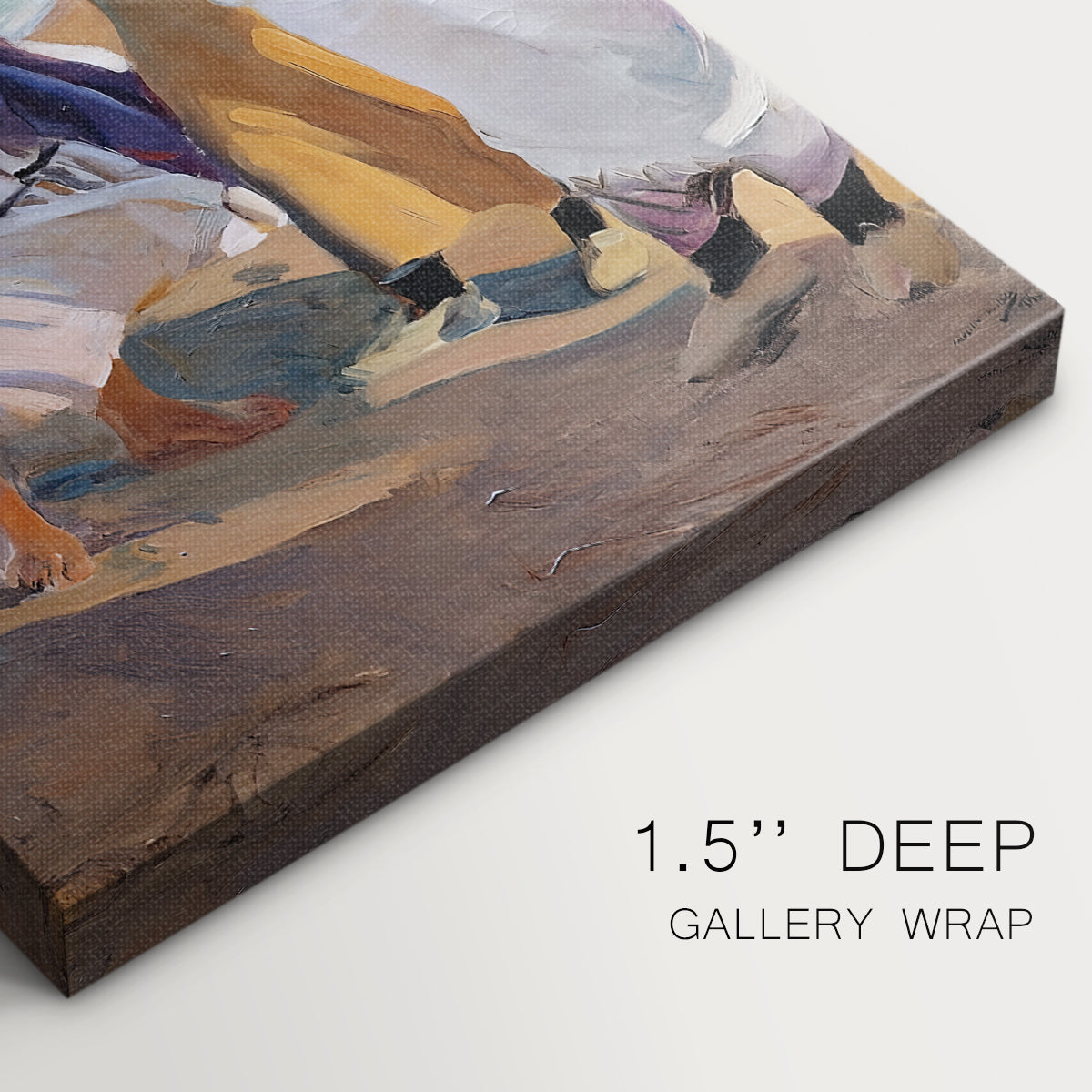 Close-up of a gallery-wrapped canvas corner showing a sunlit moment with figures and ocean backdrop, highlighting texture and print detail.