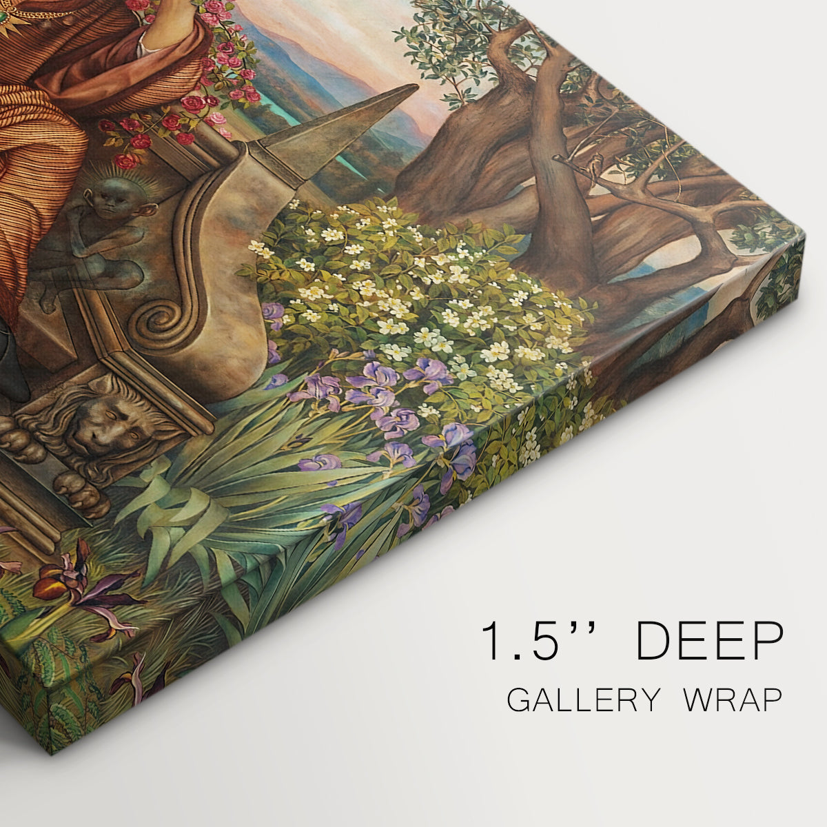 Canvas art print of a distressed figure surrounded by flames and torment in symbolic hell scene, highlighting texture and gallery-wrapped edges