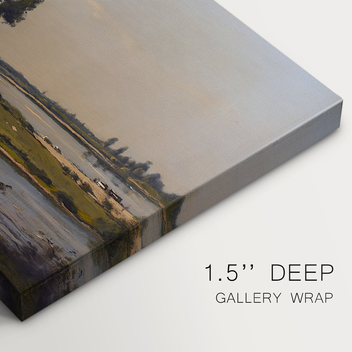 Canvas art print of a calm river winding through countryside with trees and open sky, highlighting texture and gallery-wrapped edges