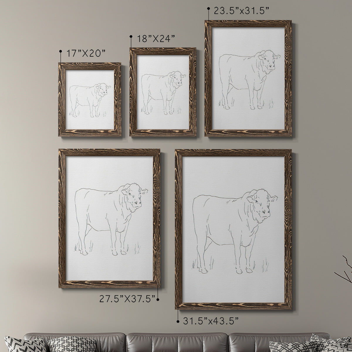 Size comparison chart for a set of two walnut barnwood framed canvas prints.