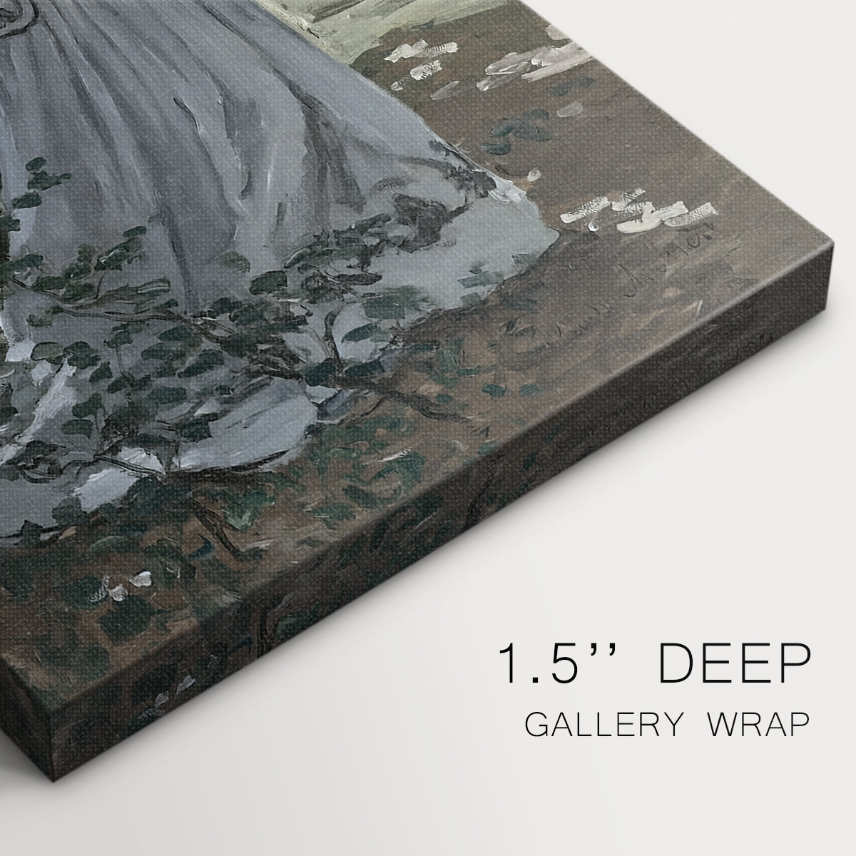 Close-up of a gallery-wrapped canvas corner showing a gentle composition with two figures and greenery, highlighting texture and print detail.