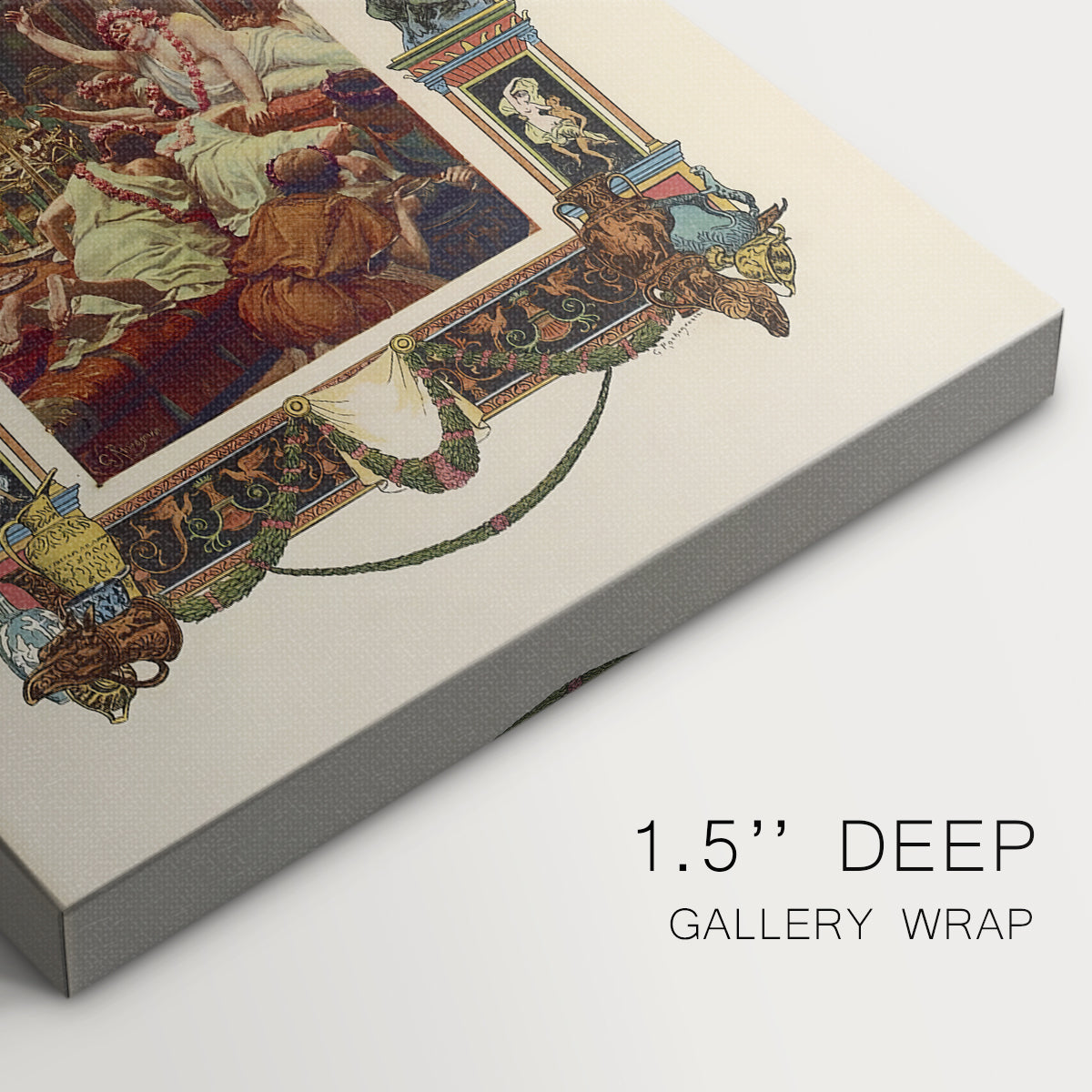 Close-up of a gallery-wrapped canvas corner showing a classic illustration with crowd and interior setting, highlighting texture and print detail.