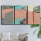 Three-panel canvas wall art featuring layered mid century abstract pathways, displayed in a living room above a sofa.