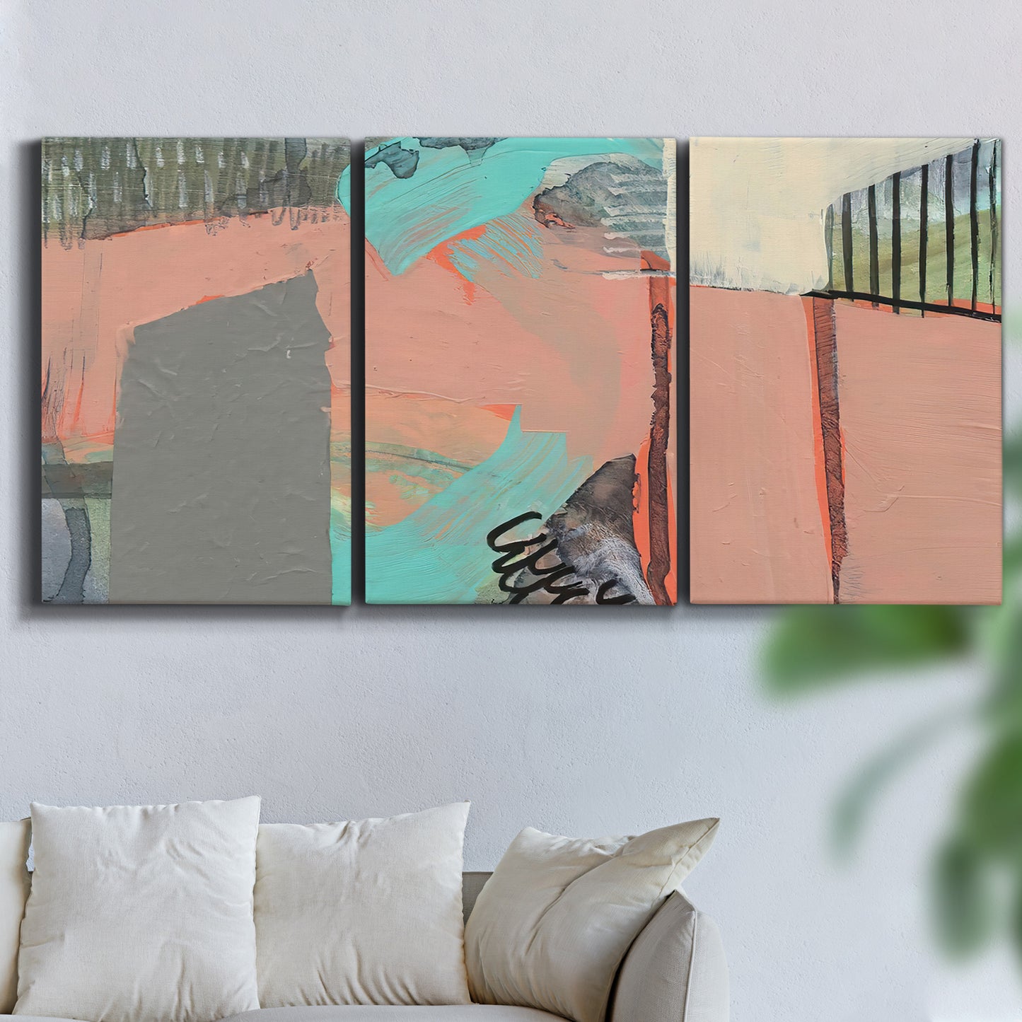 Three-panel canvas wall art featuring layered mid century abstract pathways, displayed in a living room above a sofa.