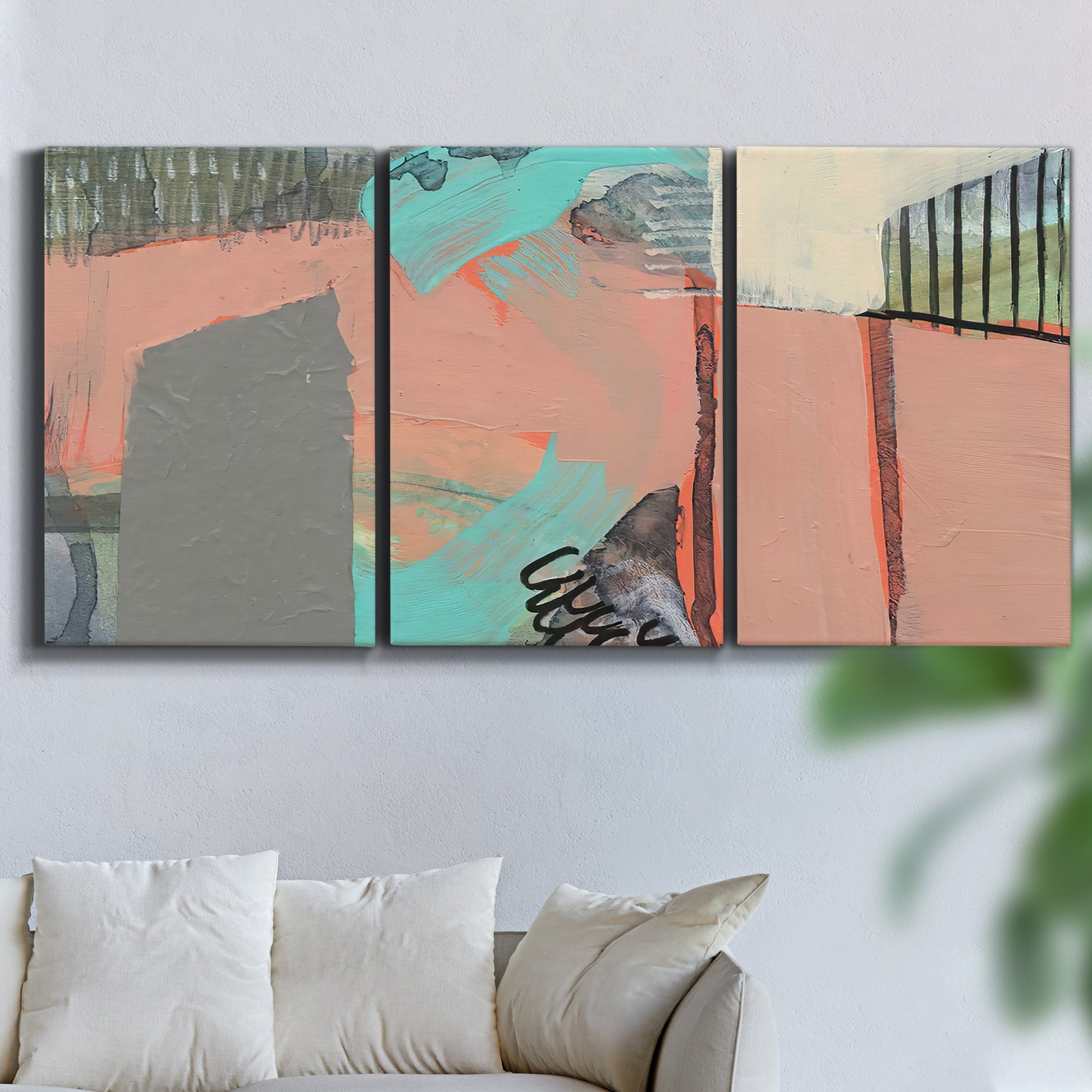 Three-panel canvas wall art featuring layered mid century abstract pathways, displayed in a living room above a sofa.