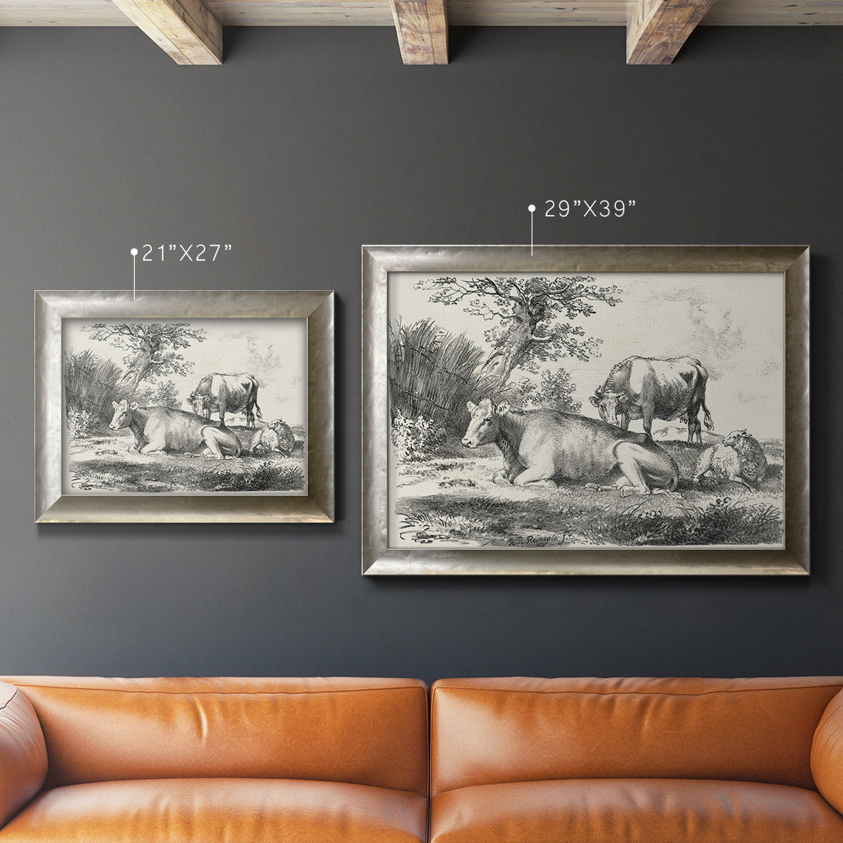 Classical pastoral landscape artwork by Nicolas Berchem in an ornate mottled silver frame shown in multiple size options.