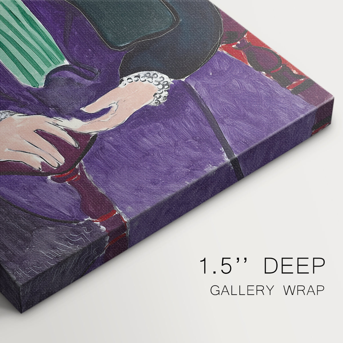 Close-up of a gallery-wrapped canvas corner showing a vivid composition with emphasis on blue tones, highlighting texture and print detail.