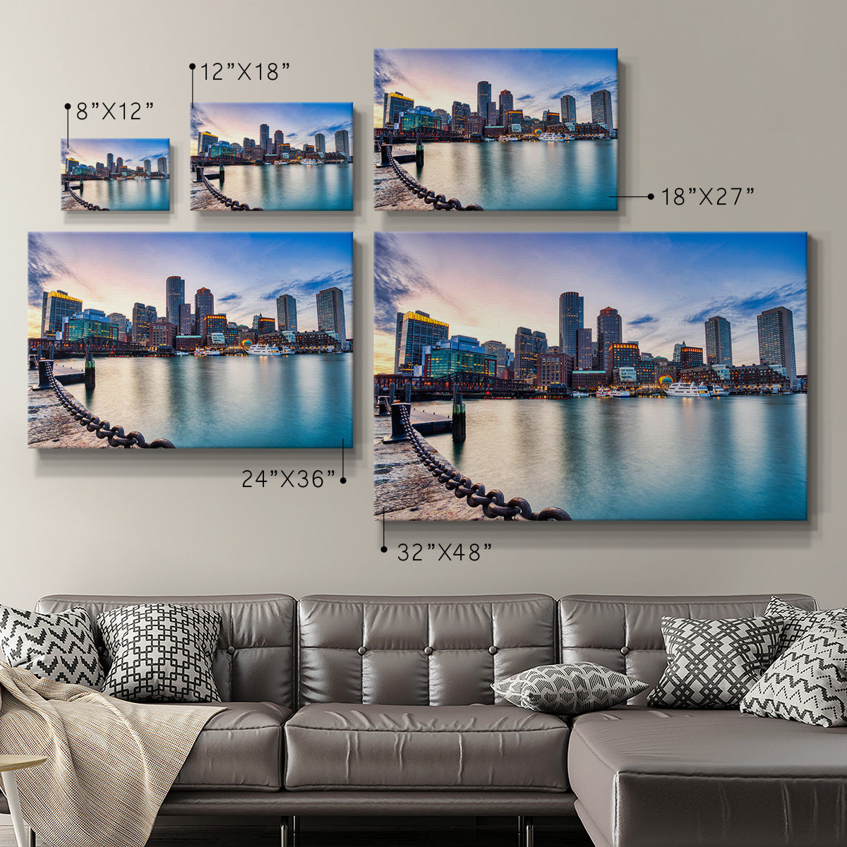 Boston Skyline with Financial District and Boston Harbor at Sunset - Canvas Art Print