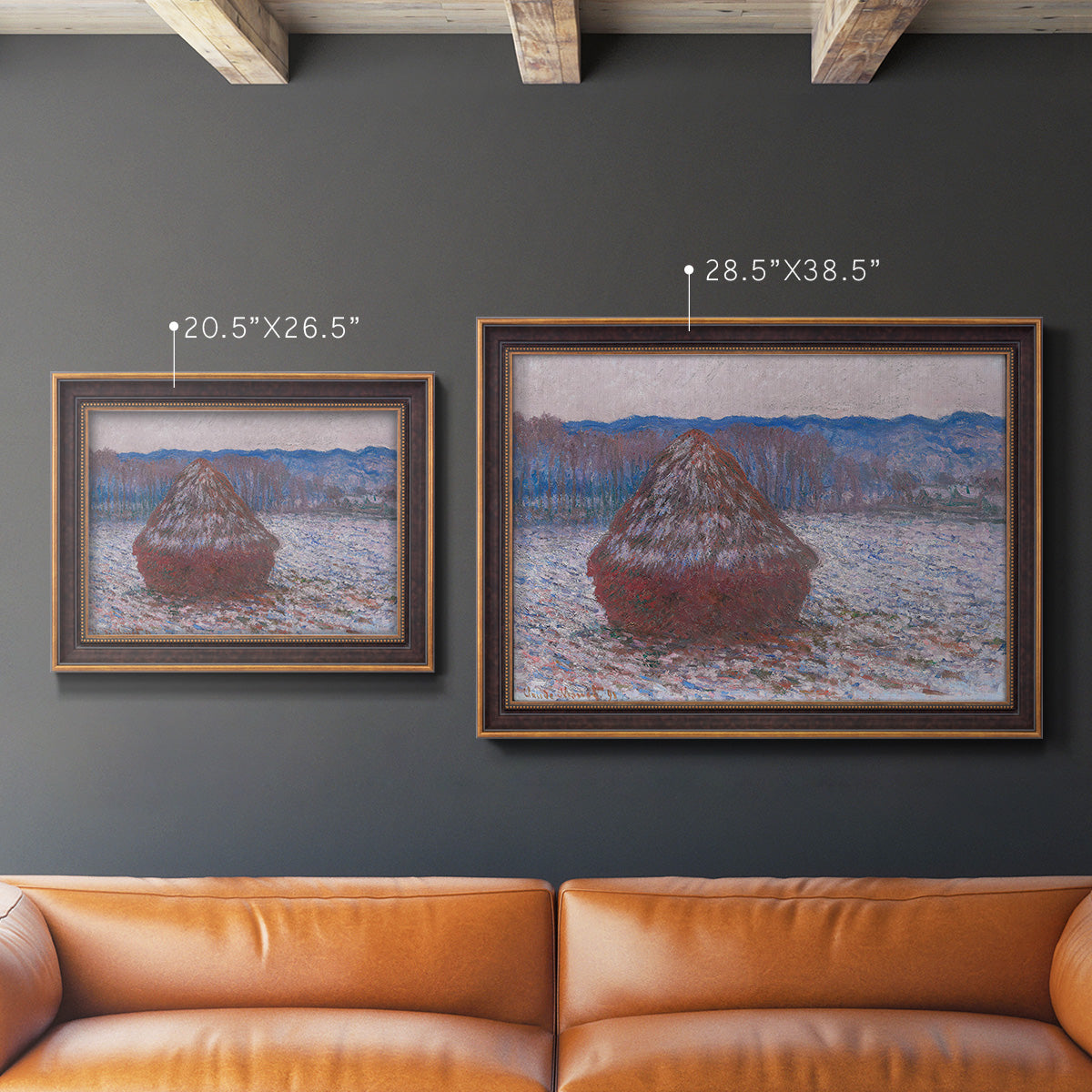 Impressionist single haystack landscape by Claude Monet in an ornate bronzed mahogany wood frame shown in multiple size options.